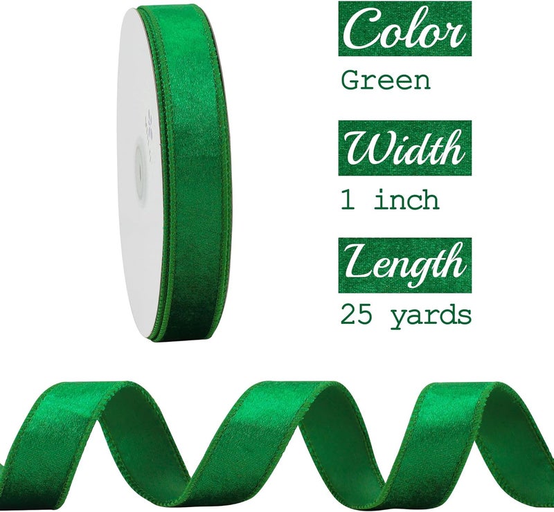 Meedee Emerald Green Velvet 1 Inch Green Wired Ribbon 25 Yards Crushed Christmas Velvet Ribbon for Christmas Tree, Wreaths Supplies, Topper Bows Making, Garlands, Swags - Image 2